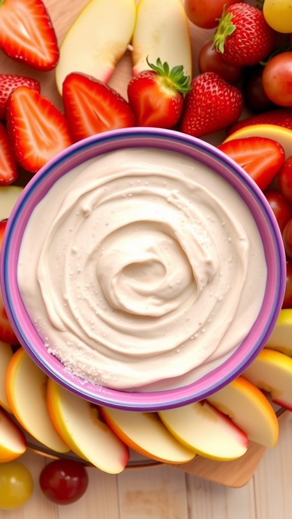 Cream cheese fruit dip served with fresh strawberries, apple slices, and grapes on a wooden table.